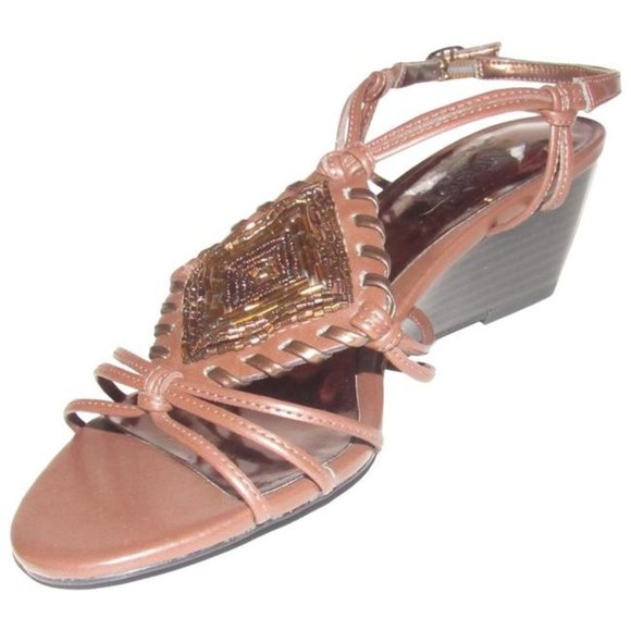 Carlos Santana Brown Strappy Leather Wedge Sandals - Picture 1 of 12